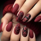 24Pcs Autumn Winter Matte Almond False Nails with Glue Rose Leaf Printing Nail Art Simple Full Cover Press on Acrylic Nails Tips - Hands of Hope