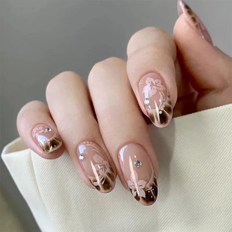 24Pcs Autumn Winter Matte Almond False Nails with Glue Rose Leaf Printing Nail Art Simple Full Cover Press on Acrylic Nails Tips - Hands of Hope