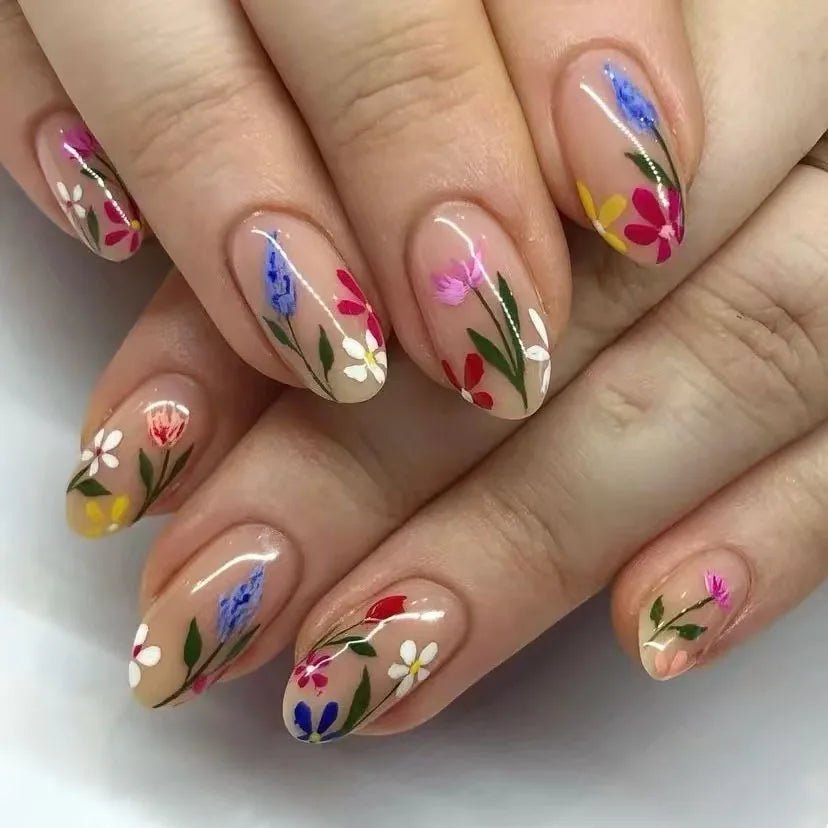 24Pcs Autumn Winter Matte Almond False Nails with Glue Rose Leaf Printing Nail Art Simple Full Cover Press on Acrylic Nails Tips - Hands of Hope