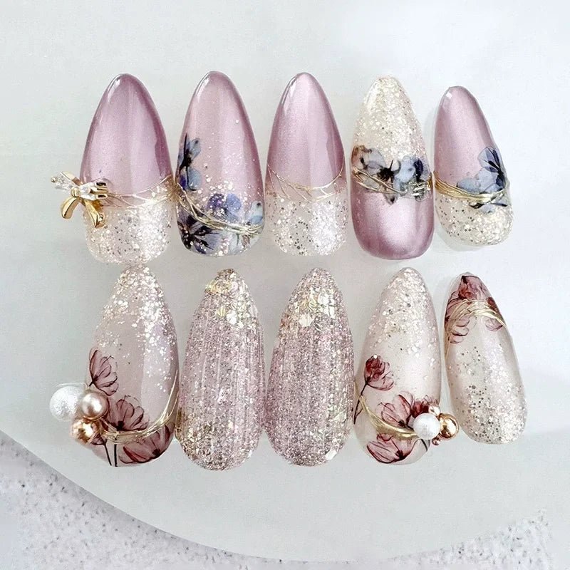 24Pcs Autumn Winter Matte Almond False Nails with Glue Rose Leaf Printing Nail Art Simple Full Cover Press on Acrylic Nails Tips - Hands of Hope