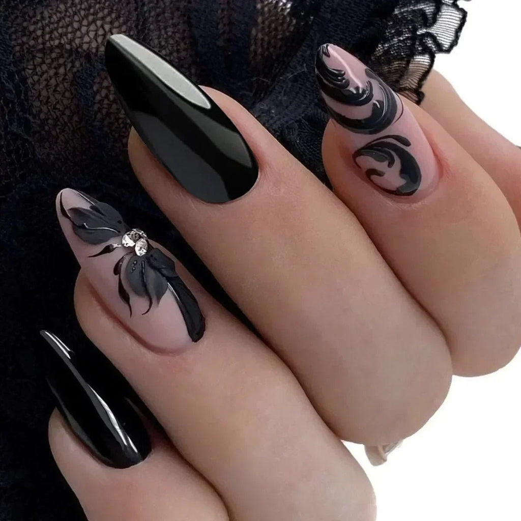 24Pcs Autumn Winter Matte Almond False Nails with Glue Rose Leaf Printing Nail Art Simple Full Cover Press on Acrylic Nails Tips - Hands of Hope