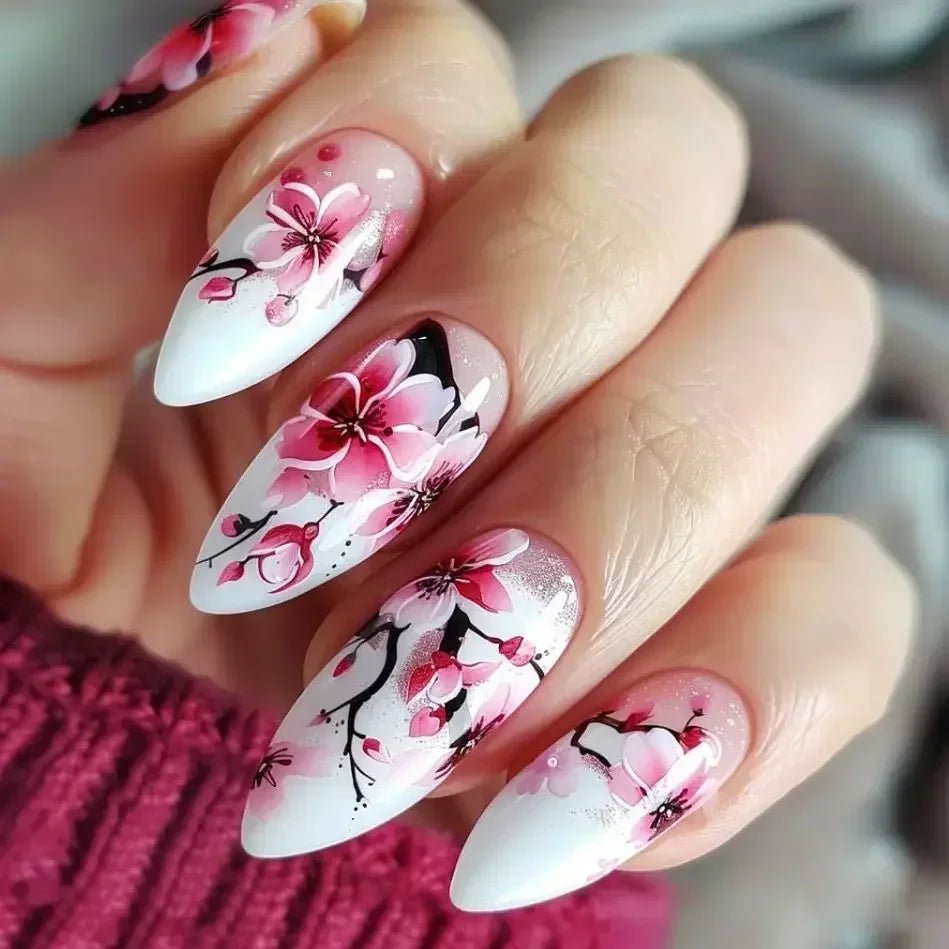 24Pcs Autumn Winter Matte Almond False Nails with Glue Rose Leaf Printing Nail Art Simple Full Cover Press on Acrylic Nails Tips - Hands of Hope
