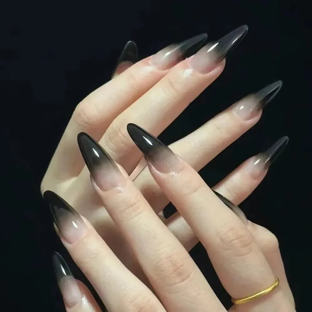 24pcs Black Gradients Long Paragraph Fashion Manicure Patch Reusable Adhesive False Nails Almond Fake Nails Press On Stiletto - Hands of Hope