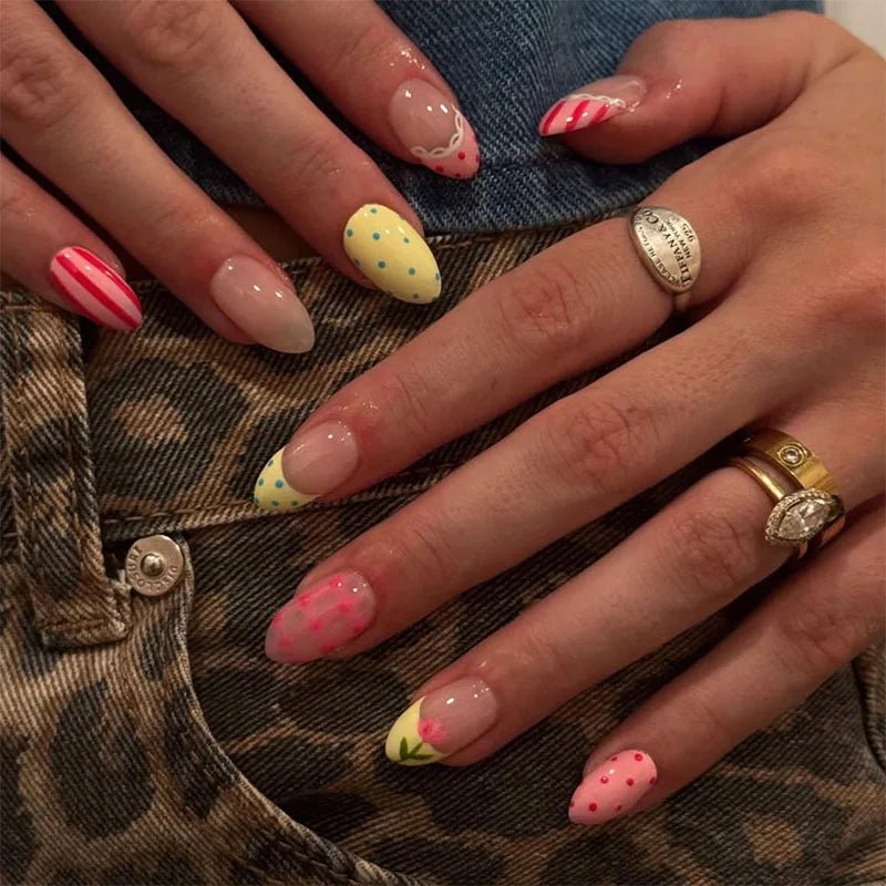 24pcs Blue Press on Nails with Polka Dot Pattern Design Almond Full Cover Nail Tip Flower Rhinestone False Nail French Fake Nail - Hands of Hope