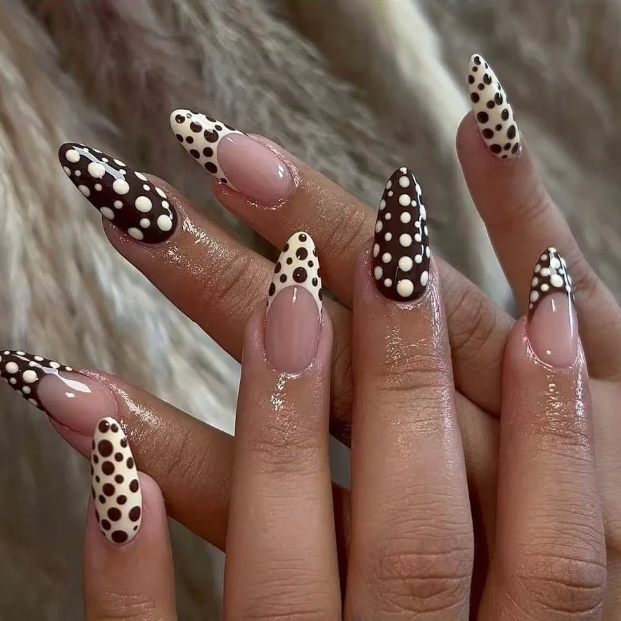 24pcs Blue Press on Nails with Polka Dot Pattern Design Almond Full Cover Nail Tip Flower Rhinestone False Nail French Fake Nail - Hands of Hope