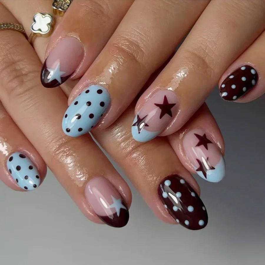 24pcs Blue Press on Nails with Polka Dot Pattern Design Almond Full Cover Nail Tip Flower Rhinestone False Nail French Fake Nail - Hands of Hope