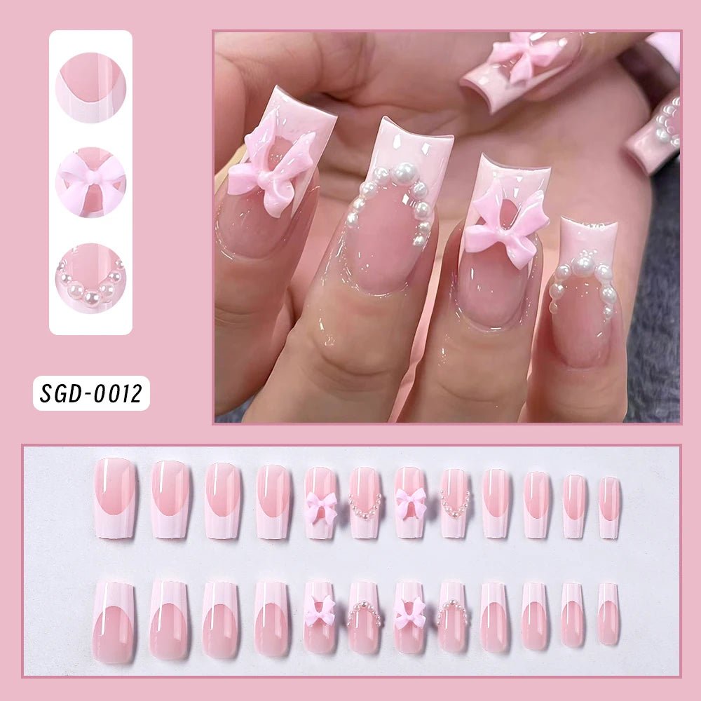 24Pcs Bow Pearl Press on Fake Nails Nude Pink Almond French Stick on False Nail Korean Sweet Girls Wearable Press on Nail + TOOL - Hands of Hope