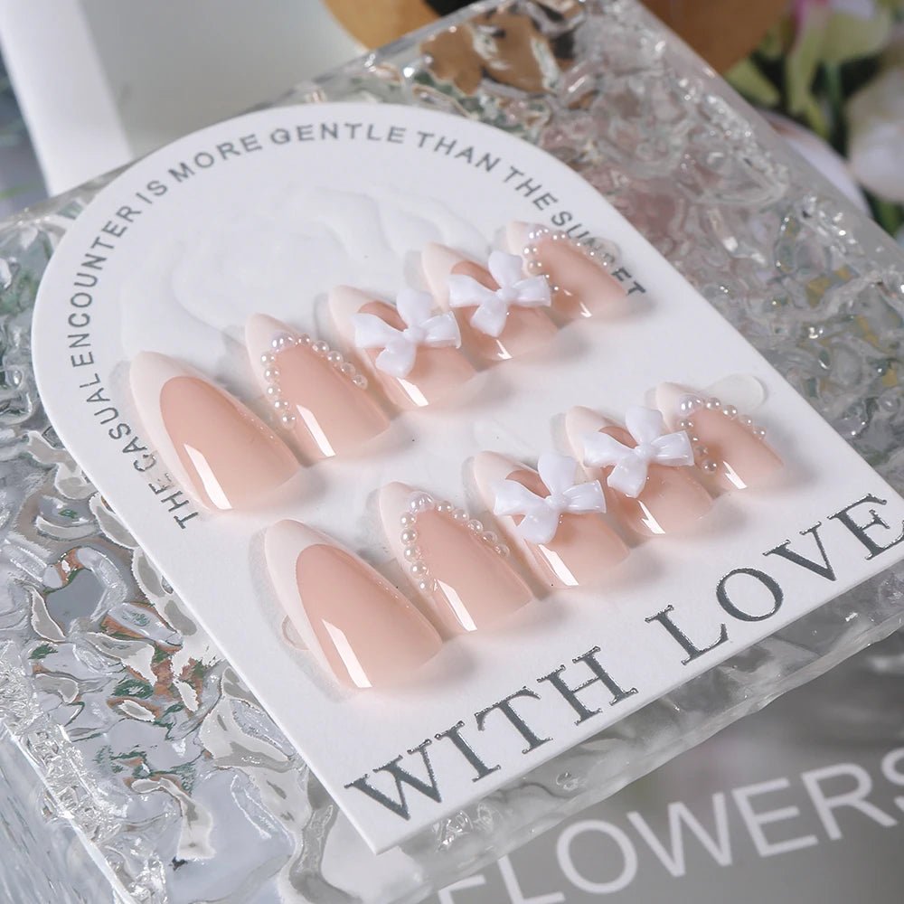 24Pcs Bow Pearl Press on Fake Nails Nude Pink Almond French Stick on False Nail Korean Sweet Girls Wearable Press on Nail + TOOL - Hands of Hope