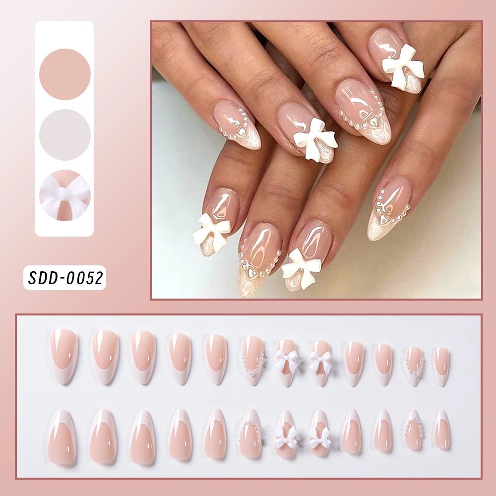 24Pcs Bow Pearl Press on Fake Nails Nude Pink Almond French Stick on False Nail Korean Sweet Girls Wearable Press on Nail + TOOL - Hands of Hope
