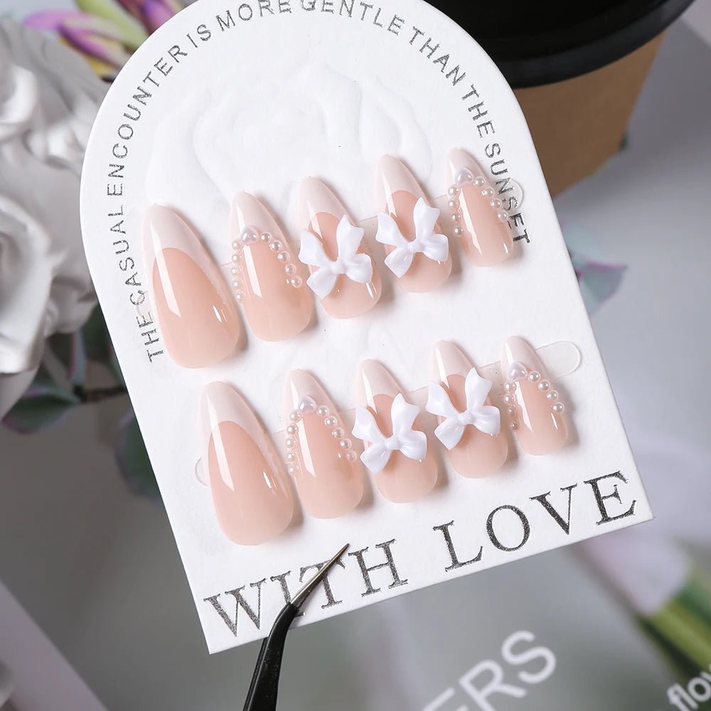 24Pcs Bow Pearl Press on Fake Nails Nude Pink Almond French Stick on False Nail Korean Sweet Girls Wearable Press on Nail + TOOL - Hands of Hope
