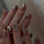 24Pcs Cat's Eye Design Fake Nail with Pearl Short Round Head Press on False Nails Silver French Bow Pattern Full Cover Nail Tips - Hands of Hope