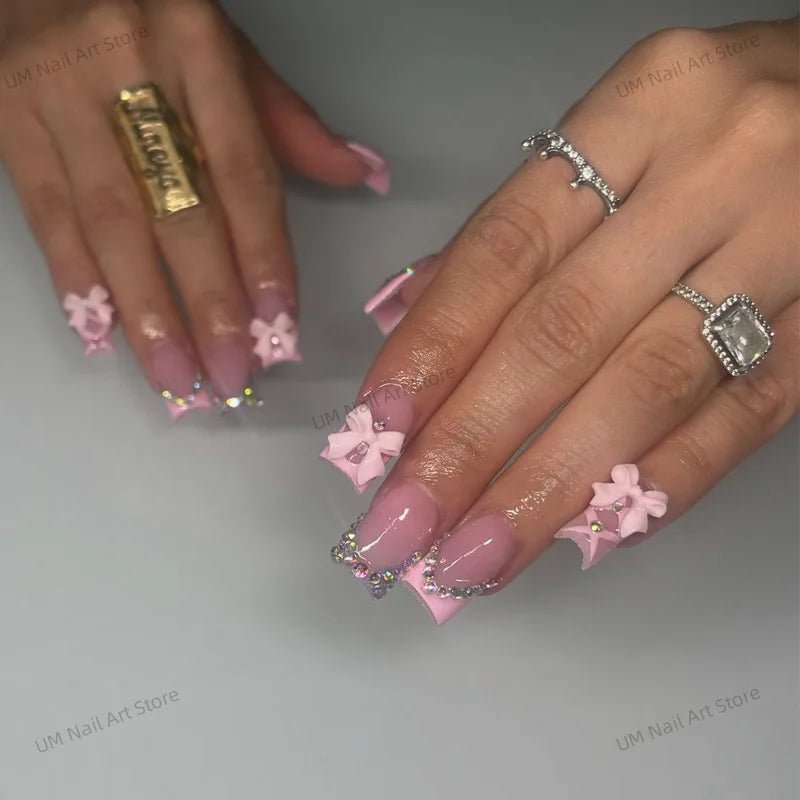 24Pcs Colorful False Nails with Tools Wearable Red Long Coffin Fake Nails Rhinestone Design Ballet Full Cover Press on Nails Tip - Hands of Hope