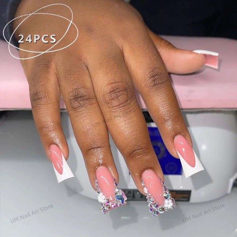 24Pcs Colorful False Nails with Tools Wearable Red Long Coffin Fake Nails Rhinestone Design Ballet Full Cover Press on Nails Tip - Hands of Hope