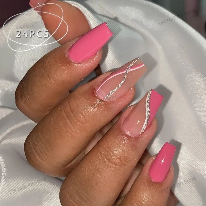 24Pcs Colorful False Nails with Tools Wearable Red Long Coffin Fake Nails Rhinestone Design Ballet Full Cover Press on Nails Tip - Hands of Hope