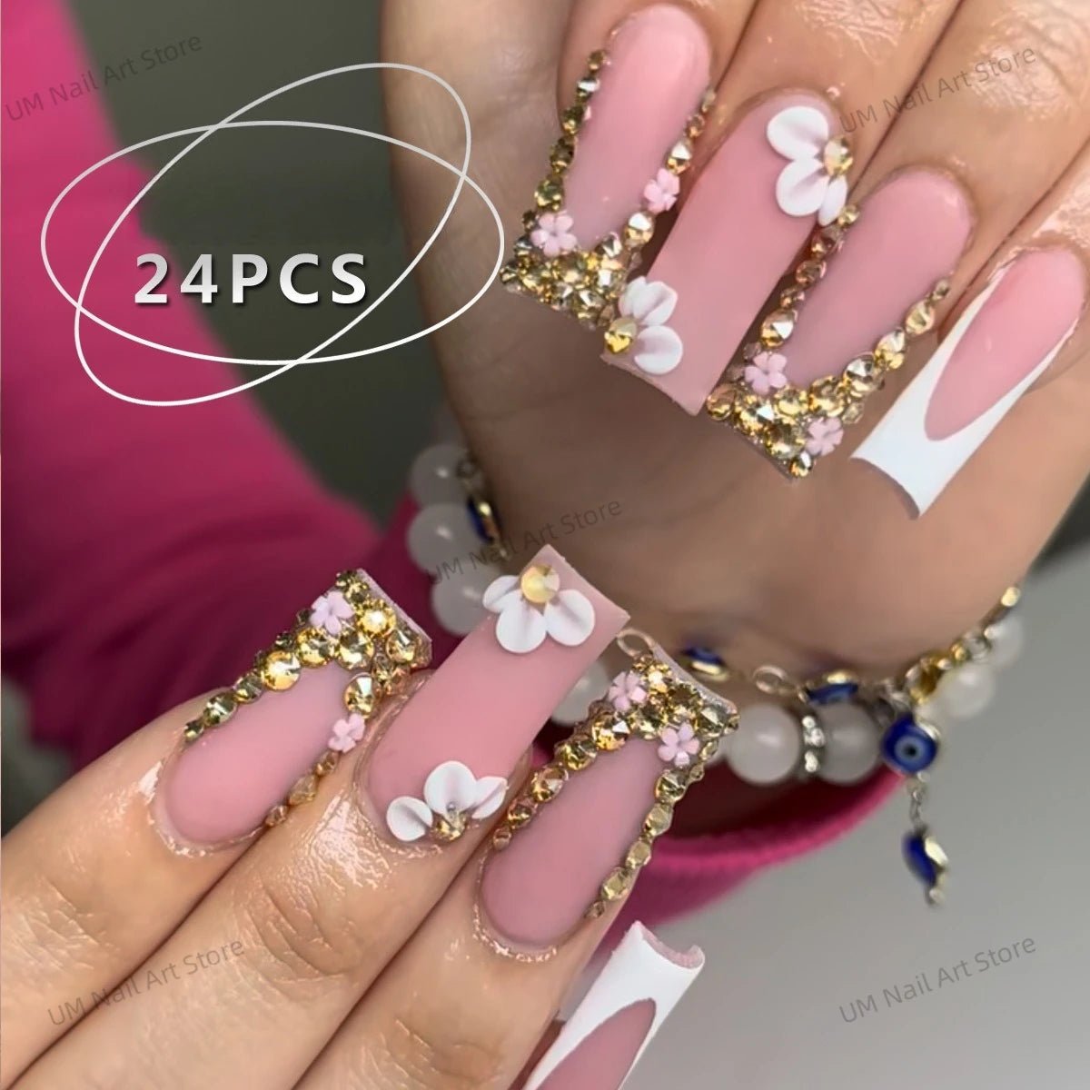 24Pcs Colorful False Nails with Tools Wearable Red Long Coffin Fake Nails Rhinestone Design Ballet Full Cover Press on Nails Tip - Hands of Hope