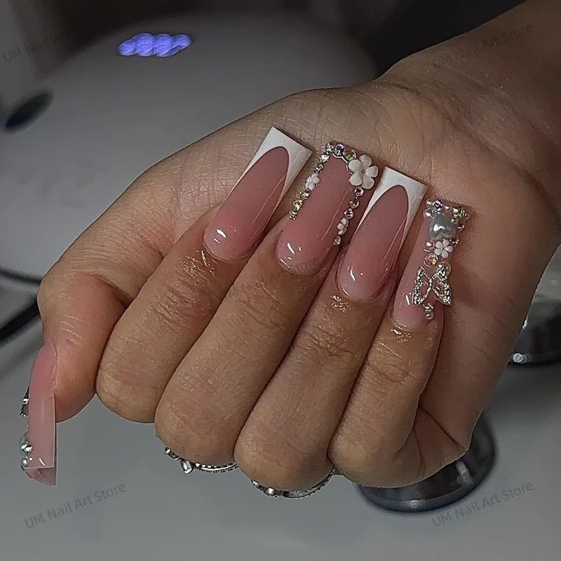 24Pcs Colorful False Nails with Tools Wearable Red Long Coffin Fake Nails Rhinestone Design Ballet Full Cover Press on Nails Tip - Hands of Hope