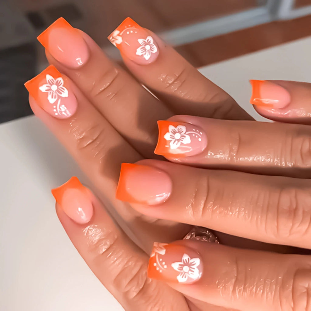 24Pcs Fairy White Flower Fake Nails Pink French Tip Press on Nails Short Square Wearable False Nail for Women Girls DIY Manicure - Hands of Hope