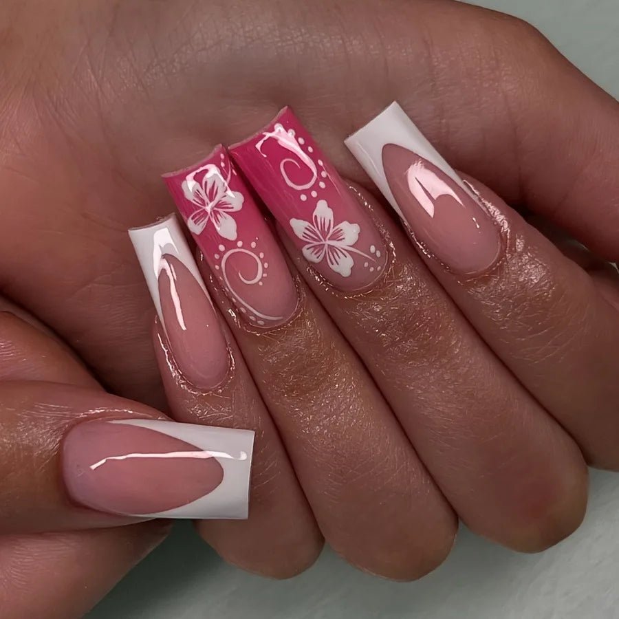 24Pcs Fairy White Flower Fake Nails Pink French Tip Press on Nails Short Square Wearable False Nail for Women Girls DIY Manicure - Hands of Hope