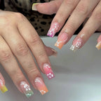 24Pcs Fairy White Flower Fake Nails Pink French Tip Press on Nails Short Square Wearable False Nail for Women Girls DIY Manicure - Hands of Hope