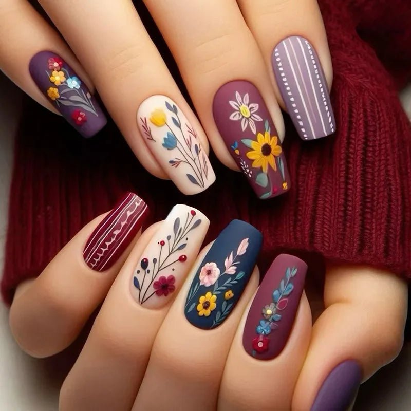 24Pcs Fashion Fake Nails Press on Long Ballet False Nails Art with Flower Design Brown Detachable Full Cover Nail Tips Manicure - Hands of Hope