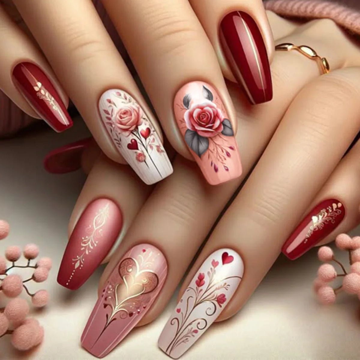 24Pcs Fashion Fake Nails Press on Long Ballet False Nails Art with Flower Design Brown Detachable Full Cover Nail Tips Manicure - Hands of Hope