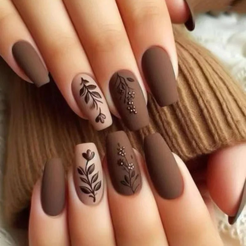 24Pcs Fashion Fake Nails Press on Long Ballet False Nails Art with Flower Design Brown Detachable Full Cover Nail Tips Manicure - Hands of Hope