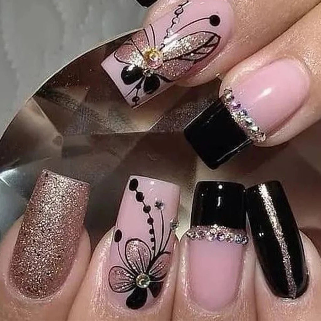 24Pcs French Pink Press on Nails Short Square Head Fake Nails with Flower Rhinestone Design Wearable Finished False Nail Tips - Hands of Hope