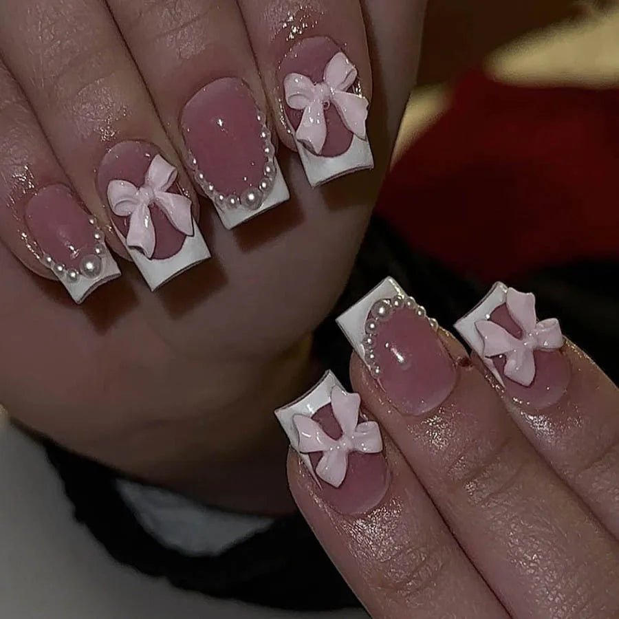 24Pcs French Pink Press on Nails Short Square Head Fake Nails with Flower Rhinestone Design Wearable Finished False Nail Tips - Hands of Hope