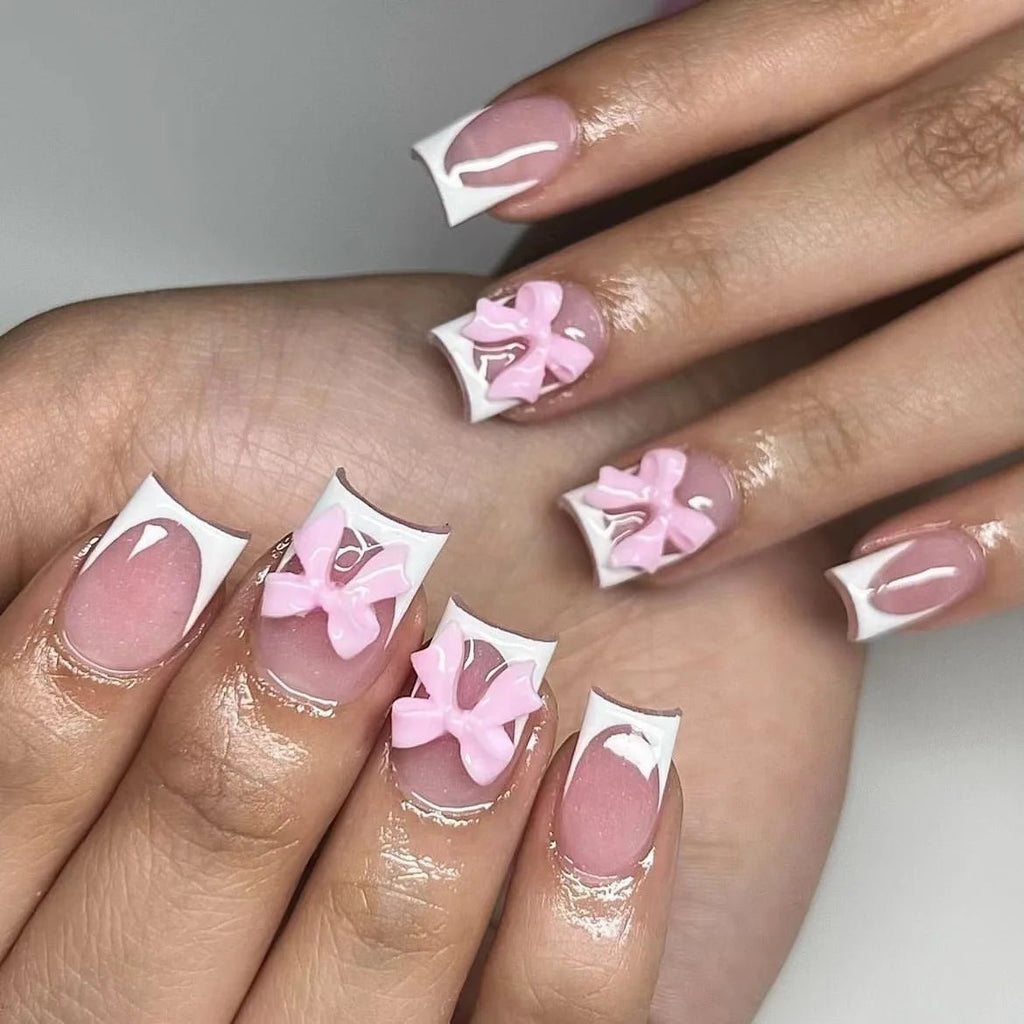 24Pcs French Pink Press on Nails Short Square Head Fake Nails with Flower Rhinestone Design Wearable Finished False Nail Tips - Hands of Hope