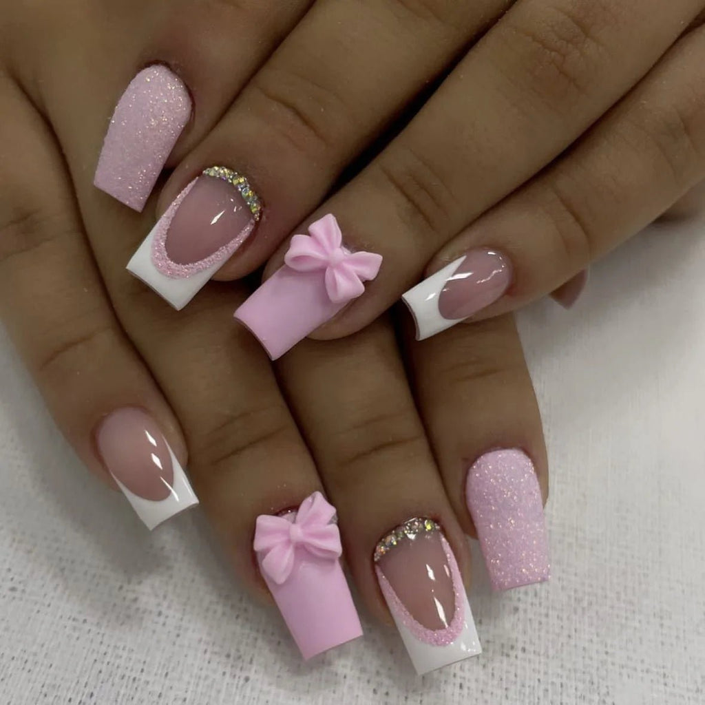 24Pcs French Pink Press on Nails Short Square Head Fake Nails with Flower Rhinestone Design Wearable Finished False Nail Tips - Hands of Hope