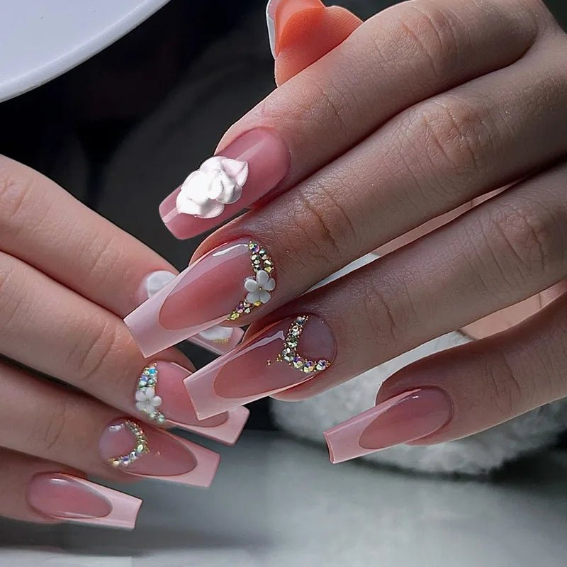 24Pcs French Pink Press on Nails Short Square Head Fake Nails with Flower Rhinestone Design Wearable Finished False Nail Tips - Hands of Hope