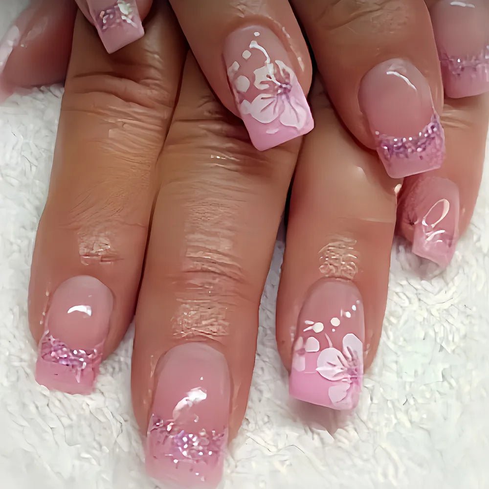 24Pcs French Pink Press on Nails Short Square Head Fake Nails with Flower Rhinestone Design Wearable Finished False Nail Tips - Hands of Hope