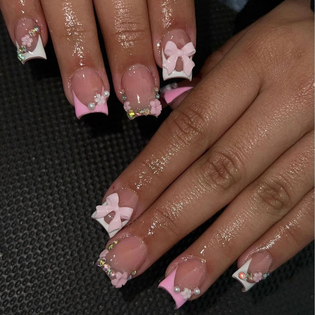 24Pcs French Pink Press on Nails Short Square Head Fake Nails with Flower Rhinestone Design Wearable Finished False Nail Tips - Hands of Hope