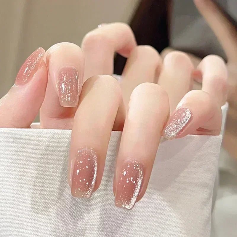 24Pcs Glitter Diamond Press On Nails Sweet Cute Girl Acrylic Nails Full Cover Short Square Fake Nails Wearable Manicure Nail Tip - Hands of Hope