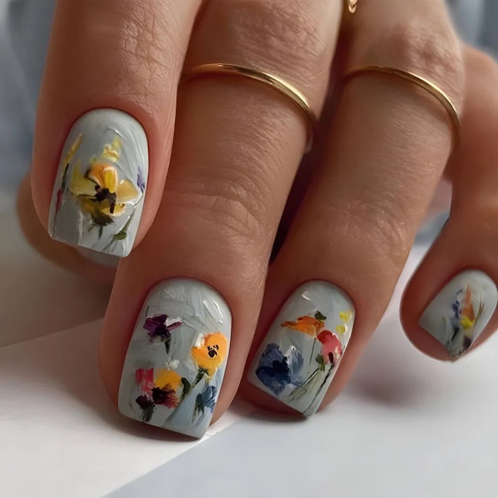 24pcs Golden Stripe Press on Nails Shiny Powder Love Design Long Square False Nails Wearable Full Cover Nail Tips Blue Fake Nail - Hands of Hope