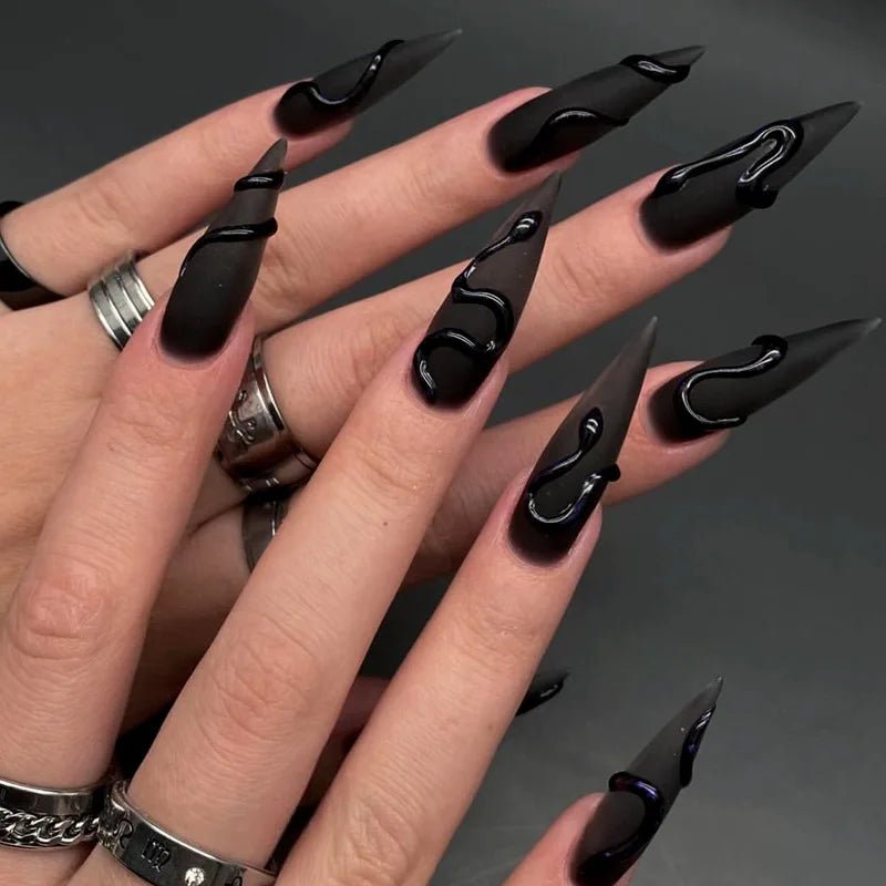 24pcs Halloween Dark Scrub Fake Nails Press on Nails Wearable y2k Nails Super Long Pointy Nails 3D Black Snake False Nails Tip - Hands of Hope
