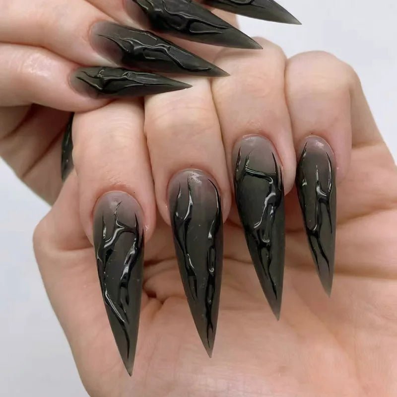 24pcs Halloween Dark Scrub Fake Nails Press on Nails Wearable y2k Nails Super Long Pointy Nails 3D Black Snake False Nails Tip - Hands of Hope