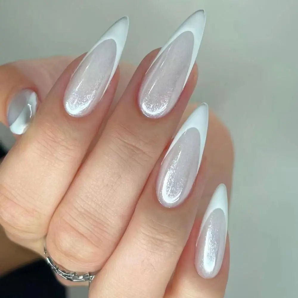 24pcs Long Stiletto French Fake Nails White Edge Simple Aurora False Nails Full Cover Press on Nails DIY Detachable Manicure - Hands of Hope