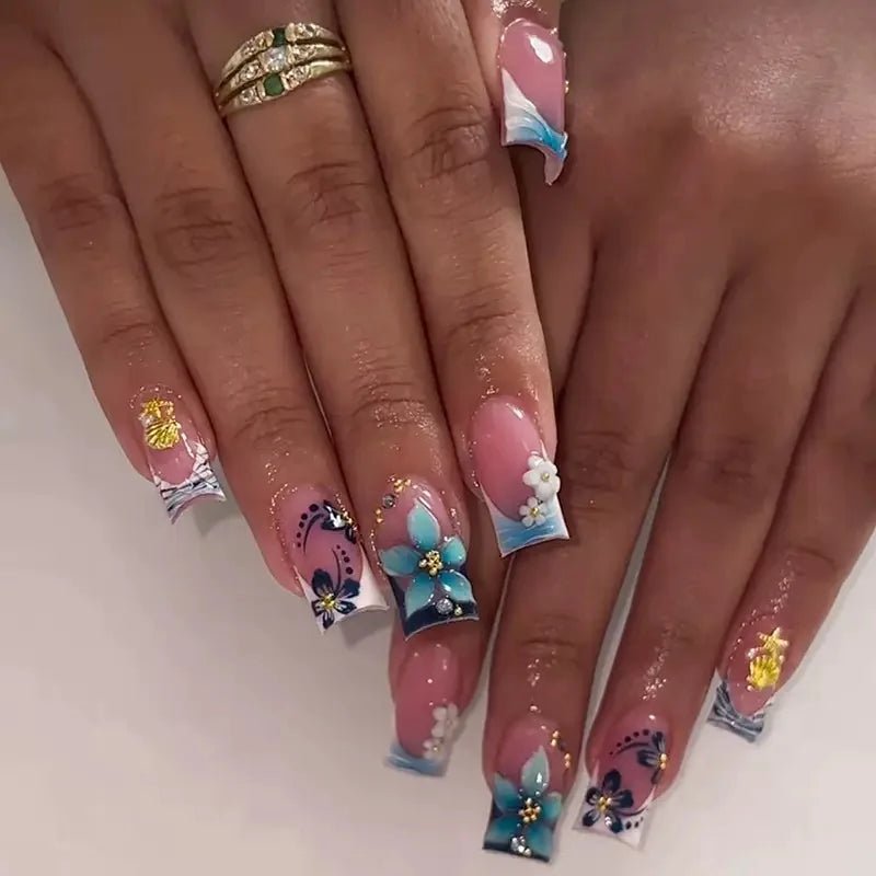 24Pcs Mid - length French Pink Square Head Press on False Nails Flash Drill Wearable Finished Manicure Full Cover Nail Tips - Hands of Hope