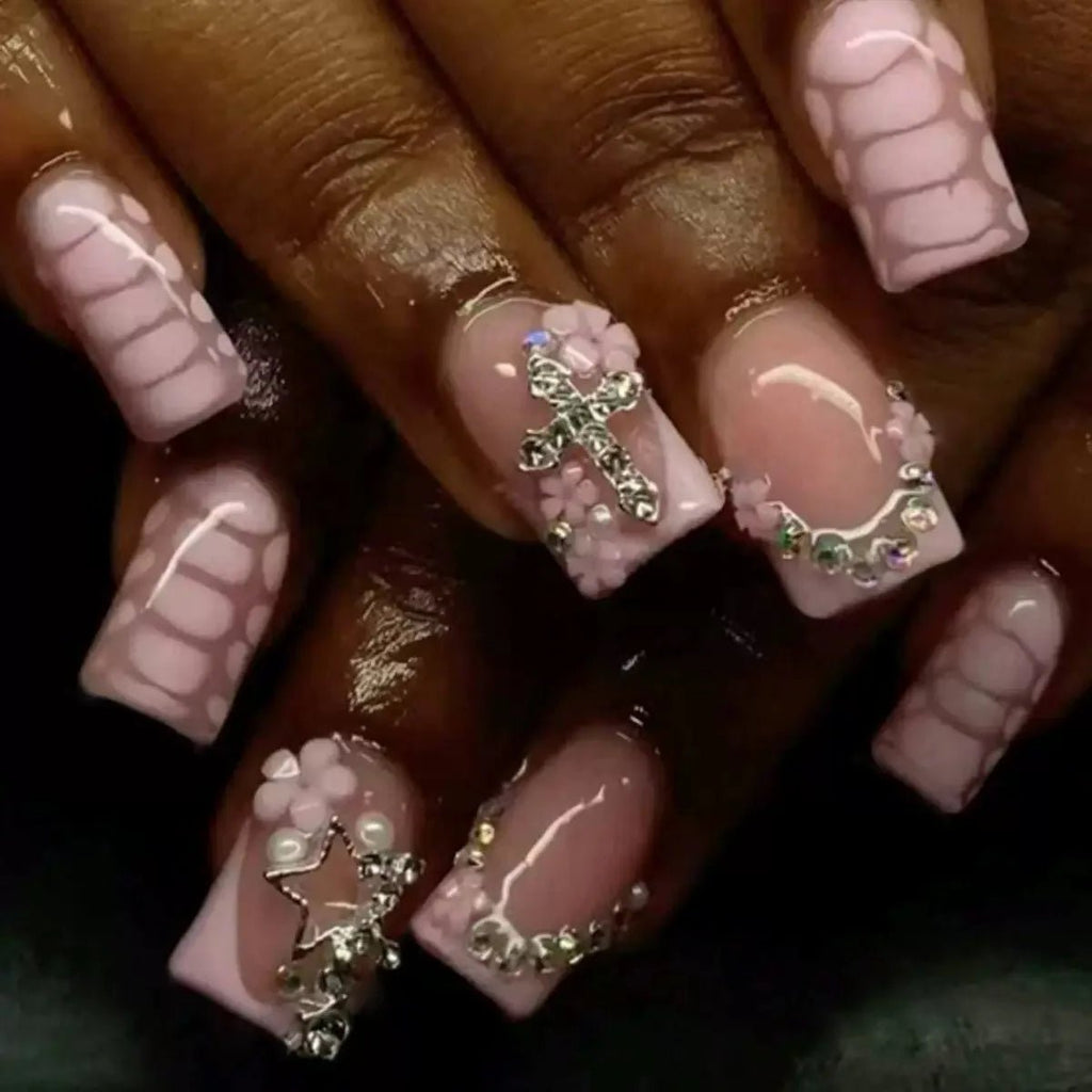 24Pcs Mid - length French Pink Square Head Press on False Nails Flash Drill Wearable Finished Manicure Full Cover Nail Tips - Hands of Hope