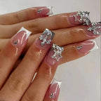 24Pcs Mid - length French Pink Square Head Press on False Nails Flash Drill Wearable Finished Manicure Full Cover Nail Tips - Hands of Hope