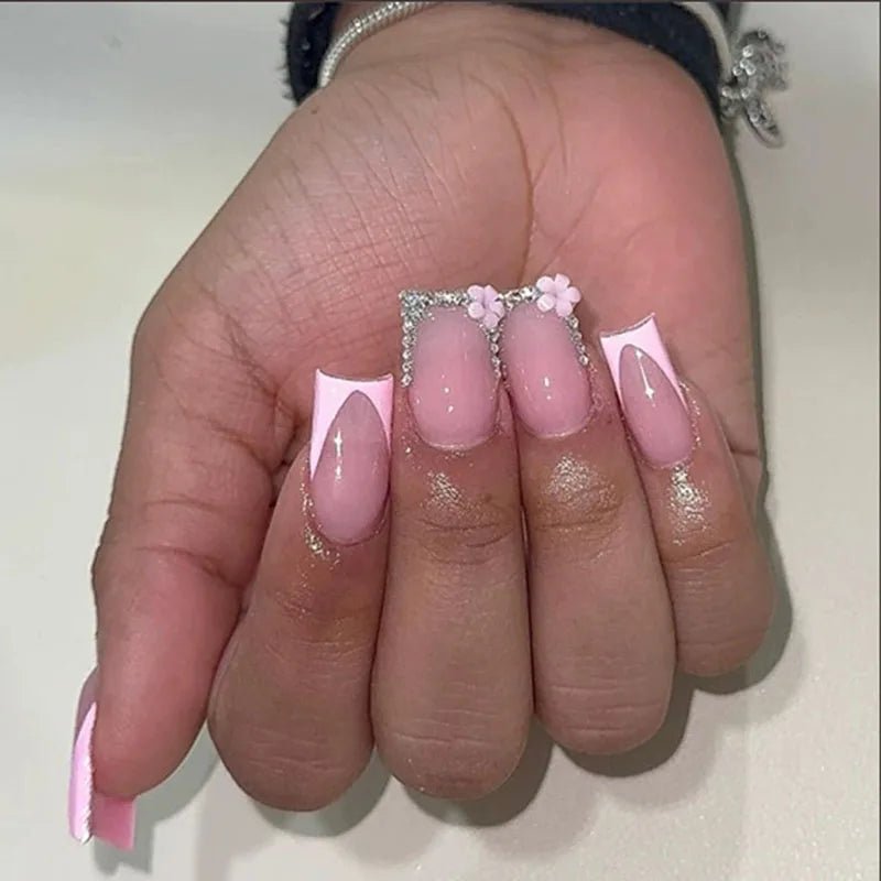 24Pcs Mid - length French Pink Square Head Press on False Nails Flash Drill Wearable Finished Manicure Full Cover Nail Tips - Hands of Hope