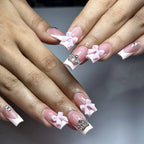 24Pcs Mid - length French Pink Square Head Press on False Nails Flash Drill Wearable Finished Manicure Full Cover Nail Tips - Hands of Hope