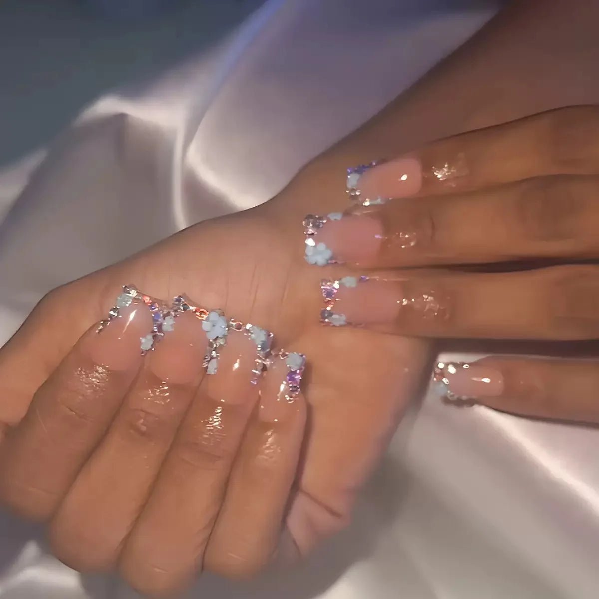 24Pcs Mid - length French Pink Square Head Press on False Nails Flash Drill Wearable Finished Manicure Full Cover Nail Tips - Hands of Hope