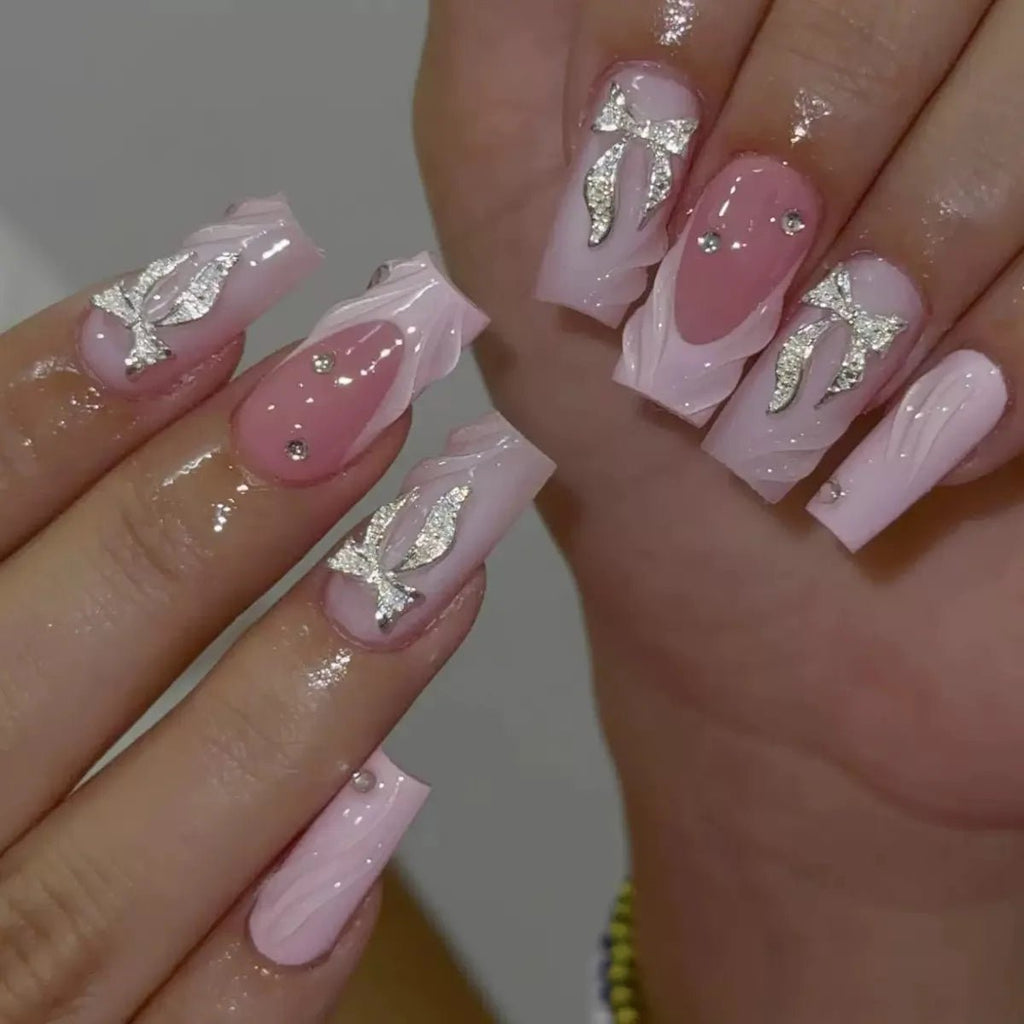 24Pcs Mid - length French Pink Square Head Press on False Nails Flash Drill Wearable Finished Manicure Full Cover Nail Tips - Hands of Hope