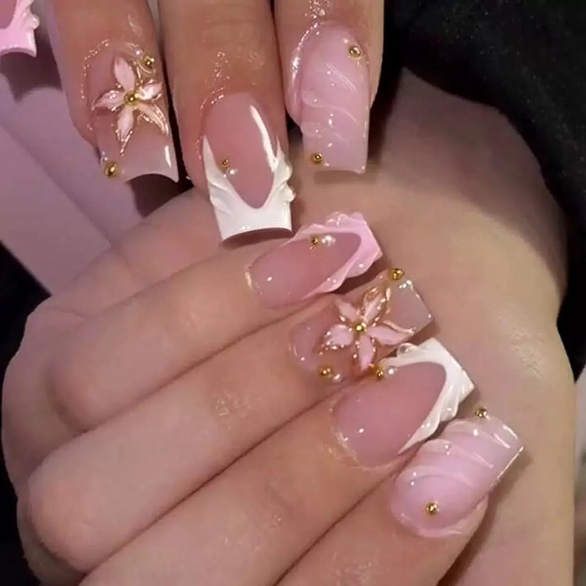 24Pcs Mid - length French Pink Square Head Press on False Nails Flash Drill Wearable Finished Manicure Full Cover Nail Tips - Hands of Hope