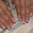 24Pcs Mid - length French Pink Square Head Press on False Nails Flash Drill Wearable Finished Manicure Full Cover Nail Tips - Hands of Hope