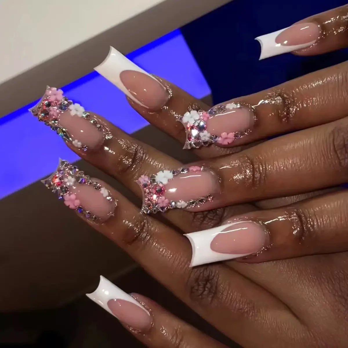 24Pcs Mid - length French Pink Square Head Press on False Nails Flash Drill Wearable Finished Manicure Full Cover Nail Tips - Hands of Hope