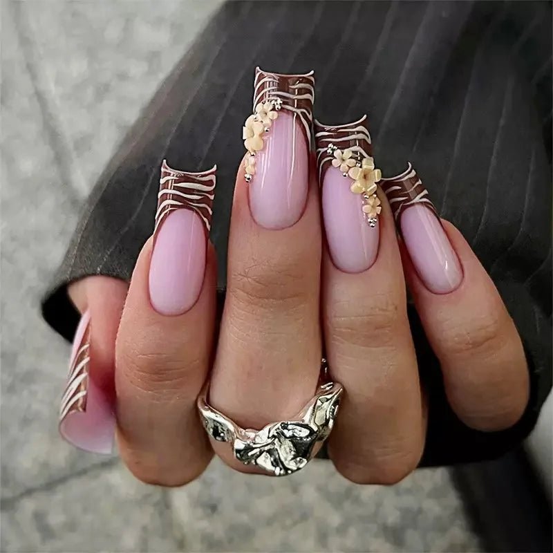 24Pcs Mid - length French Pink Square Head Press on False Nails Flash Drill Wearable Finished Manicure Full Cover Nail Tips - Hands of Hope