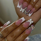 24Pcs Mid - length French Pink Square Head Press on False Nails Flash Drill Wearable Finished Manicure Full Cover Nail Tips - Hands of Hope